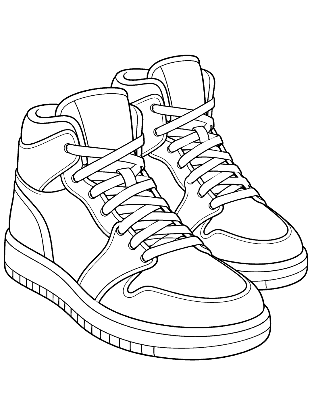 Black-outline coloring page of two unbranded high-top basketball sneakers, one slightly forward, on a white background.
