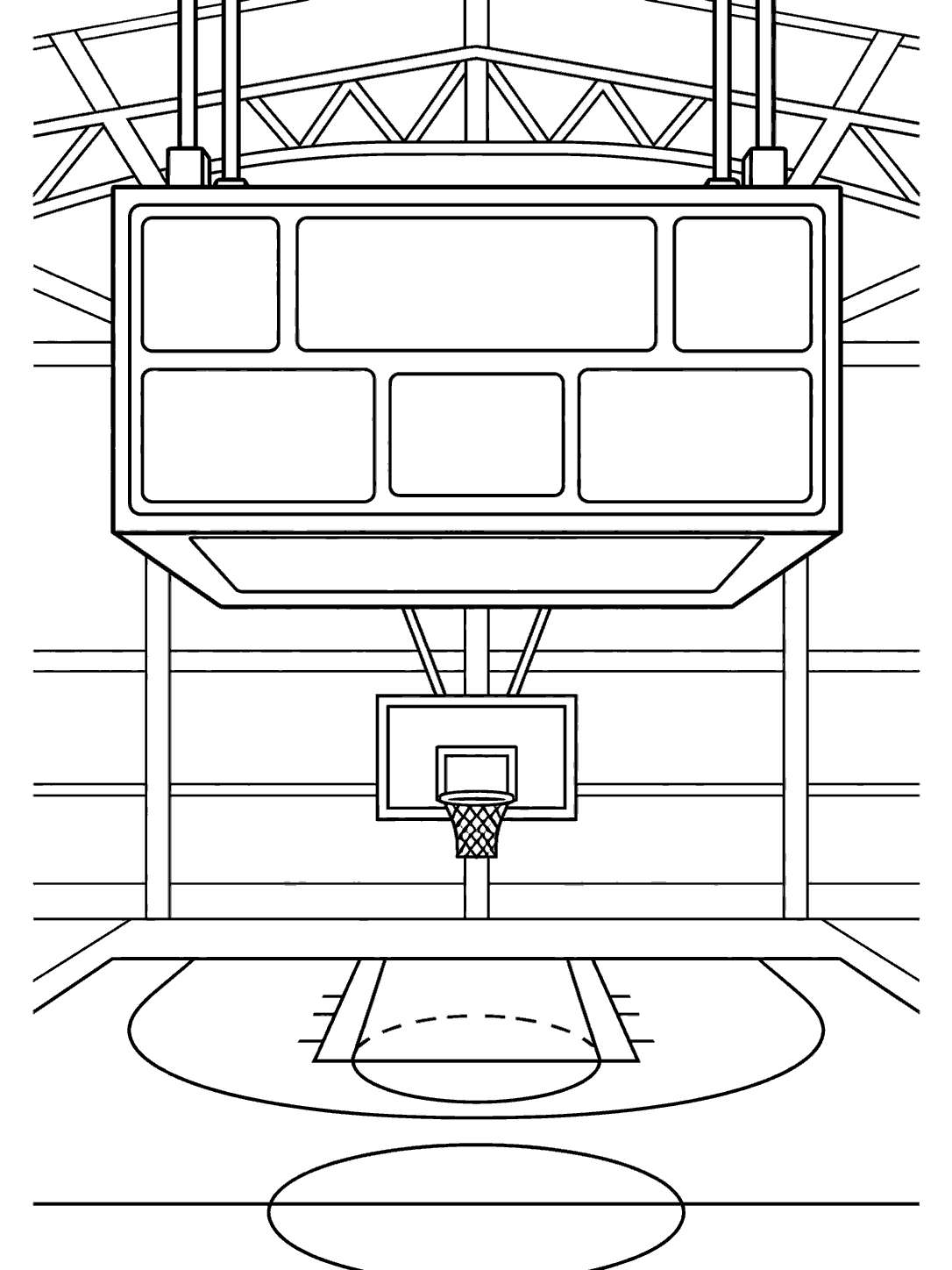 Black-and-white line art of a blank-panel scoreboard above a basketball hoop and court