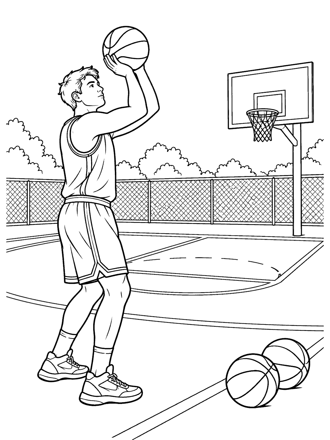 Adult basketball player practicing a shot on an outdoor half-court, with a distant hoop and two basketballs near the sideline.