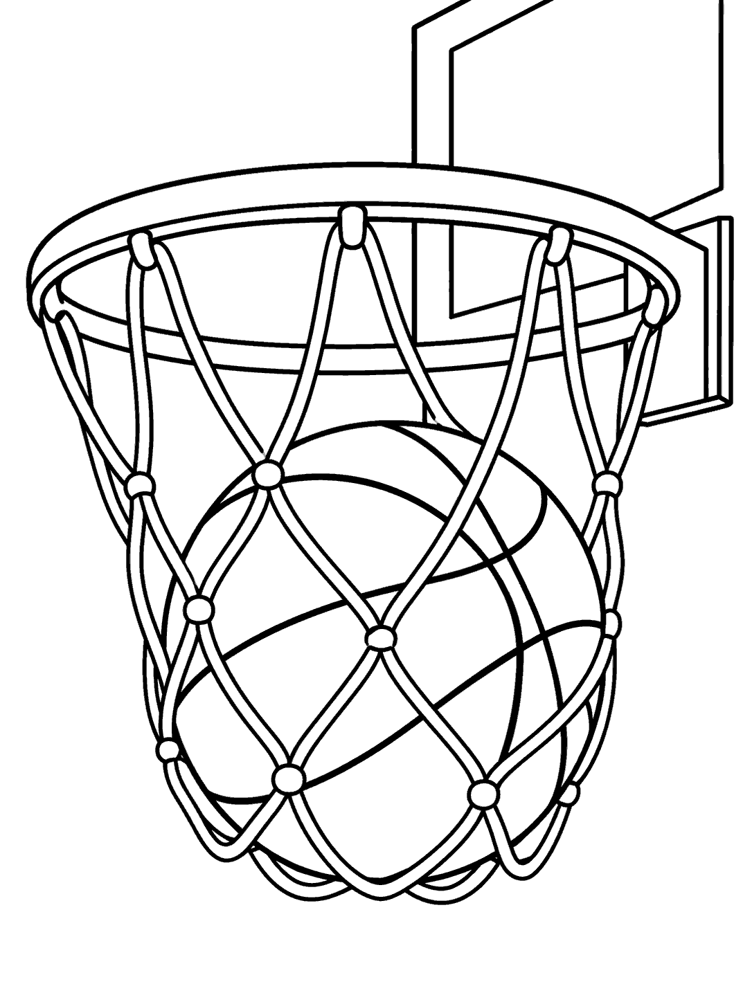 Basketball settled in a net beneath a rim and partial backboard