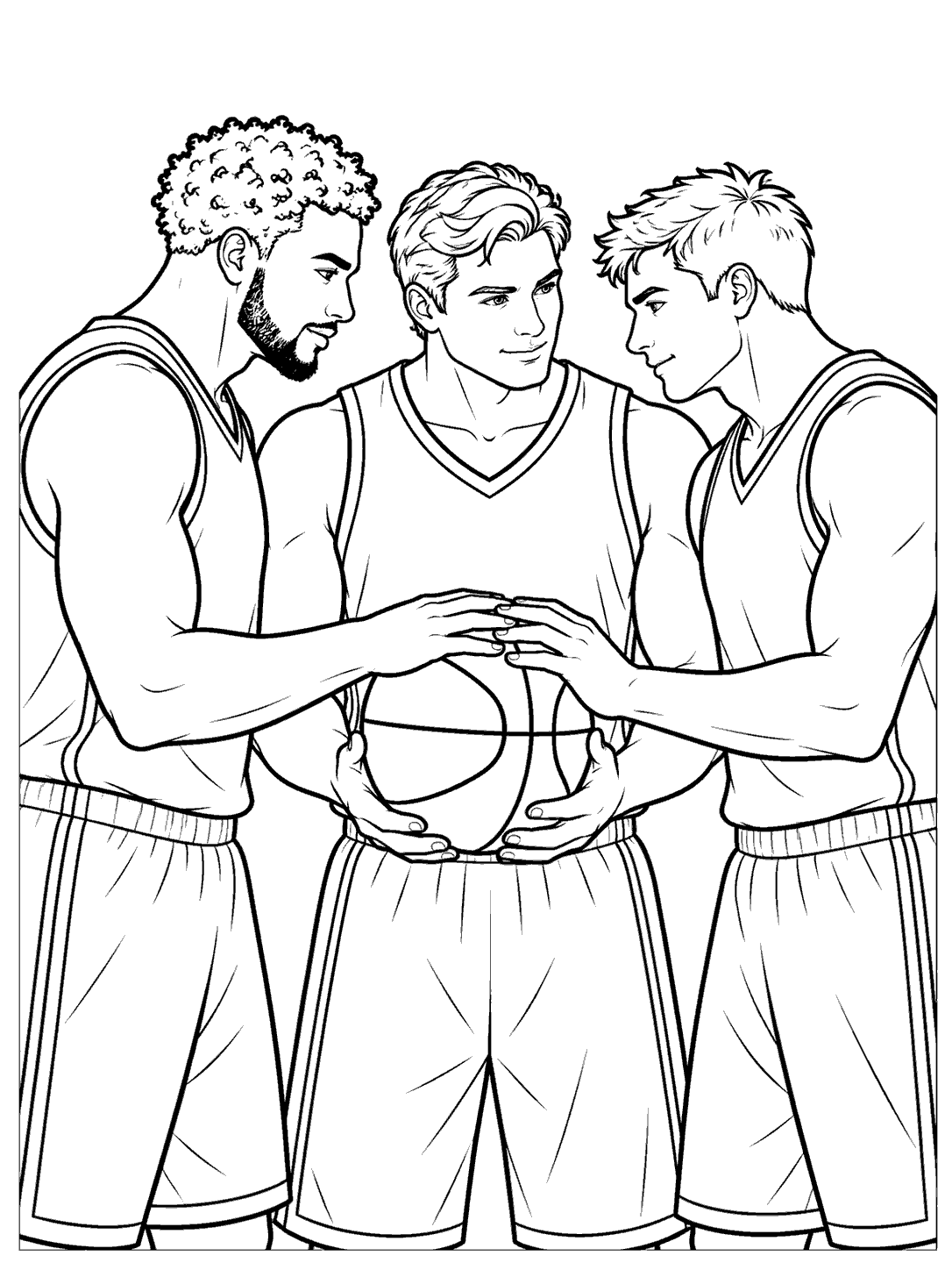 Three adult basketball teammates gathering around a ball