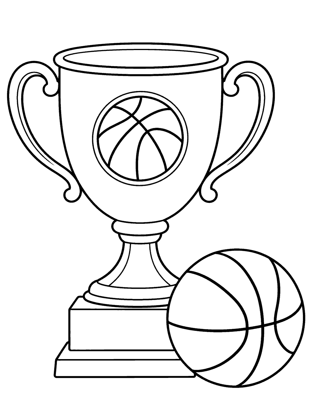 Black-outline cup trophy with small handles and a basketball emblem, beside a basketball on its base