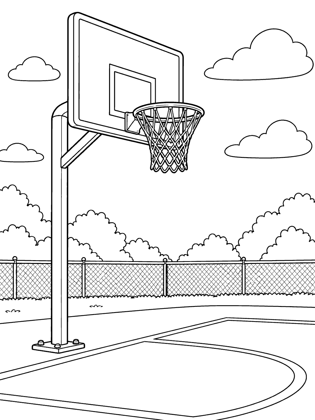 Outdoor basketball hoop and backboard on a sturdy pole beside a paved court, with a low fence and clouds
