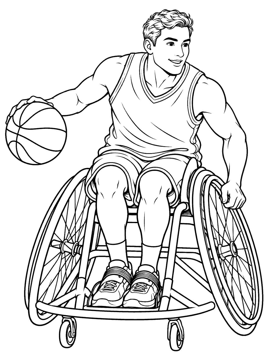 Adult wheelchair basketball athlete in a sports wheelchair moving forward with a basketball.
