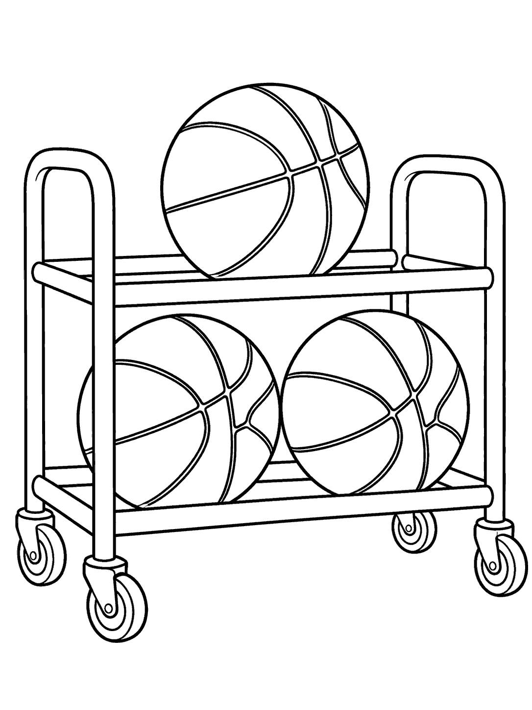 Three basketballs with bold seams arranged on a two-level rolling rack in clean black line art.