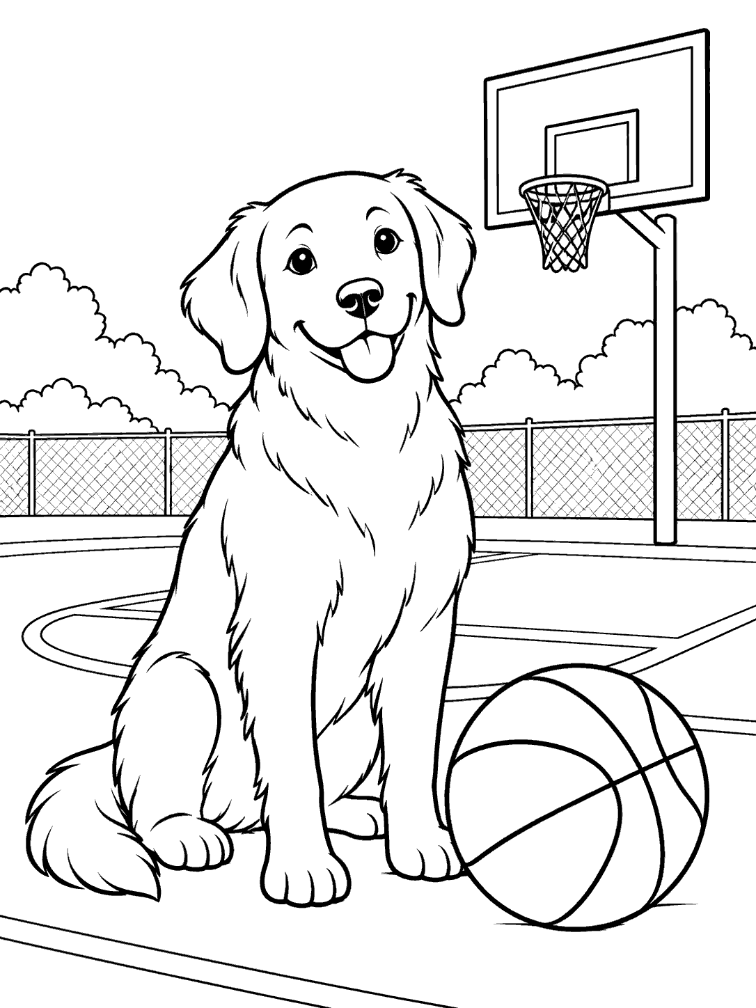 A smiling floppy-eared dog sits beside a large basketball on a court, with a hoop and fence in the background.