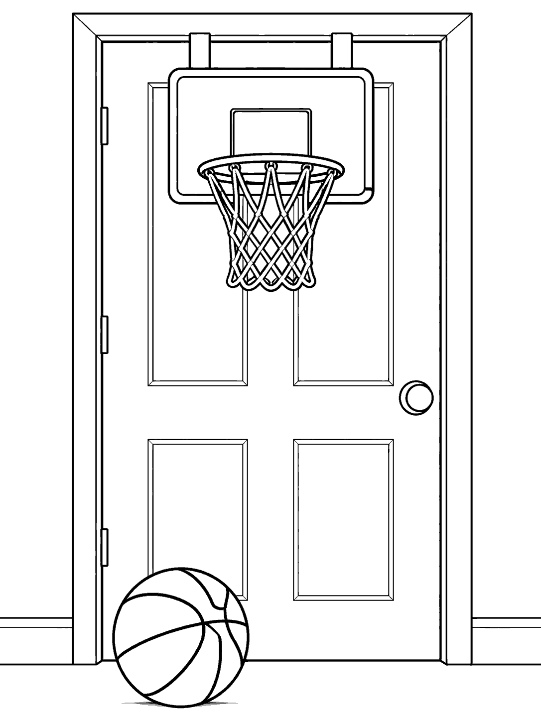 Over-the-door basketball hoop with an open net and a basketball near the floor