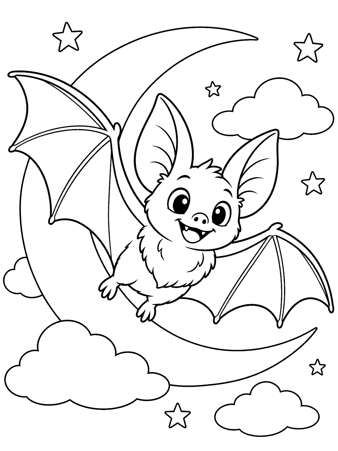 A cheerful bat with outstretched wings flies in front of a large crescent moon, surrounded by stars and soft clouds, in a black-outline coloring page.