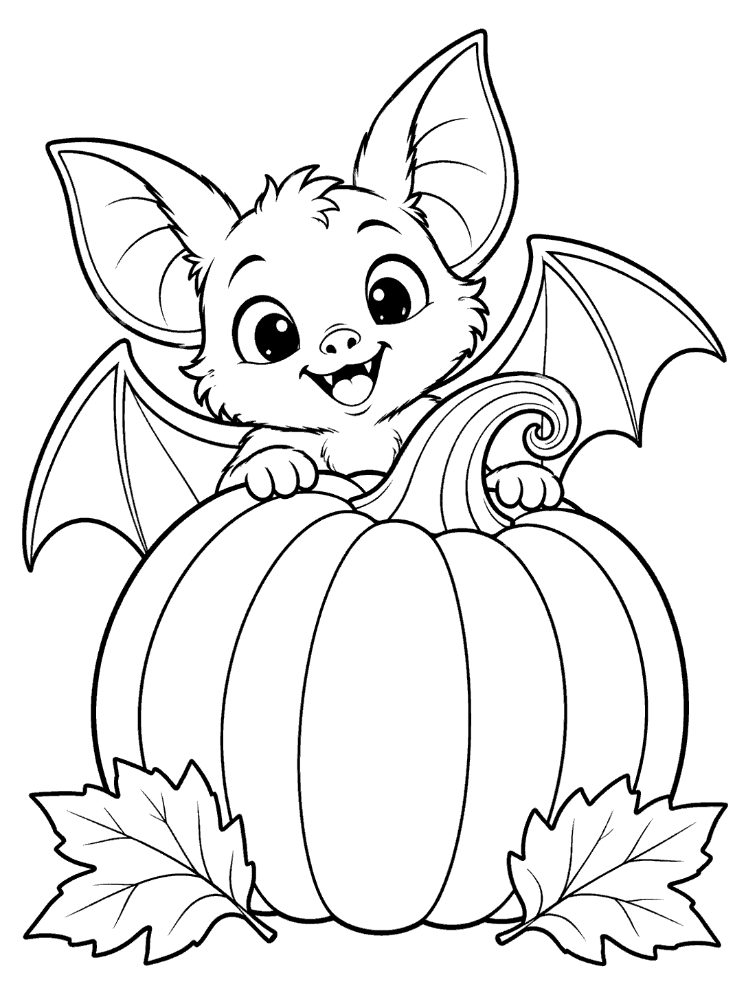 A smiling bat with outstretched wings peeks over a large ribbed pumpkin with a curled stem and two leaves.
