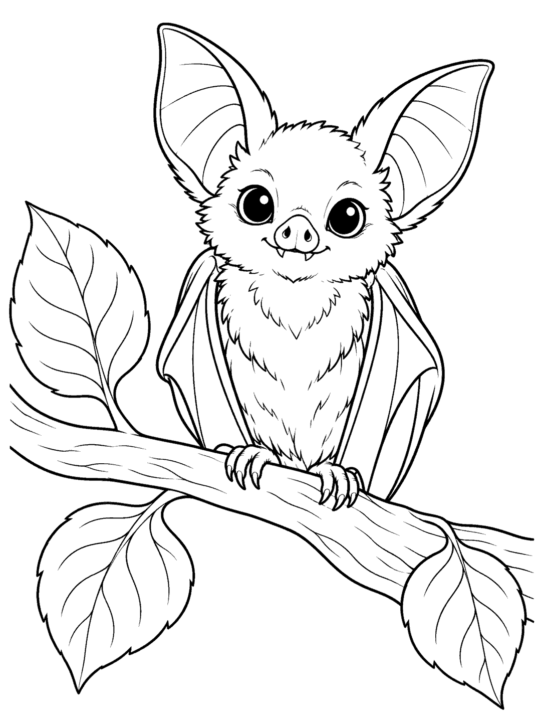 A wide-eyed bat perched on a curved branch with three large leaves.