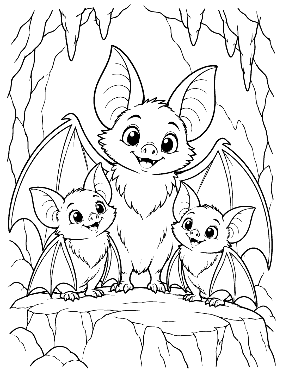 One large bat and two smaller bats stand together on a cave ledge.