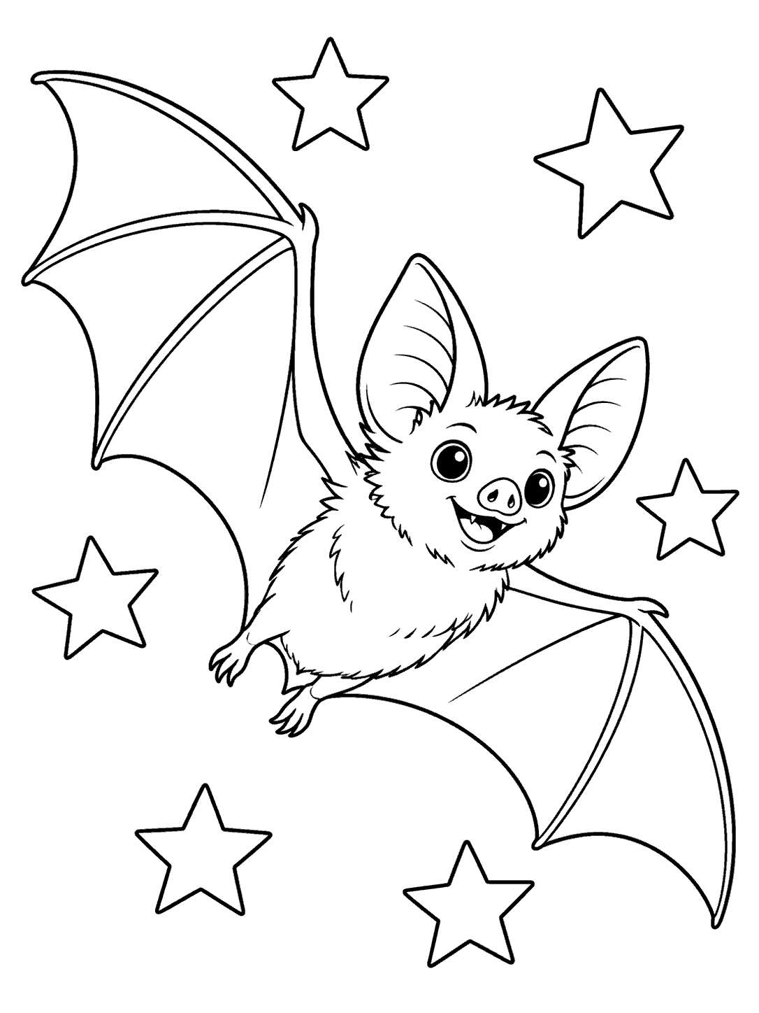 A smiling bat flying diagonally with six large outlined stars around it