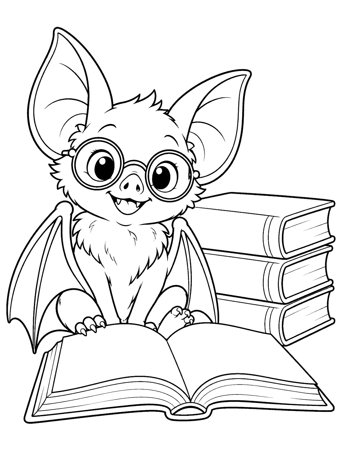 Bespectacled bat seated behind an open book beside a stack of three books