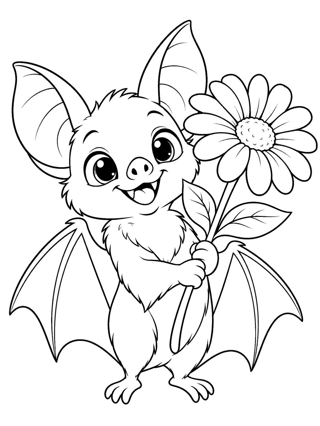 Friendly bat holding a large daisy with two leaves