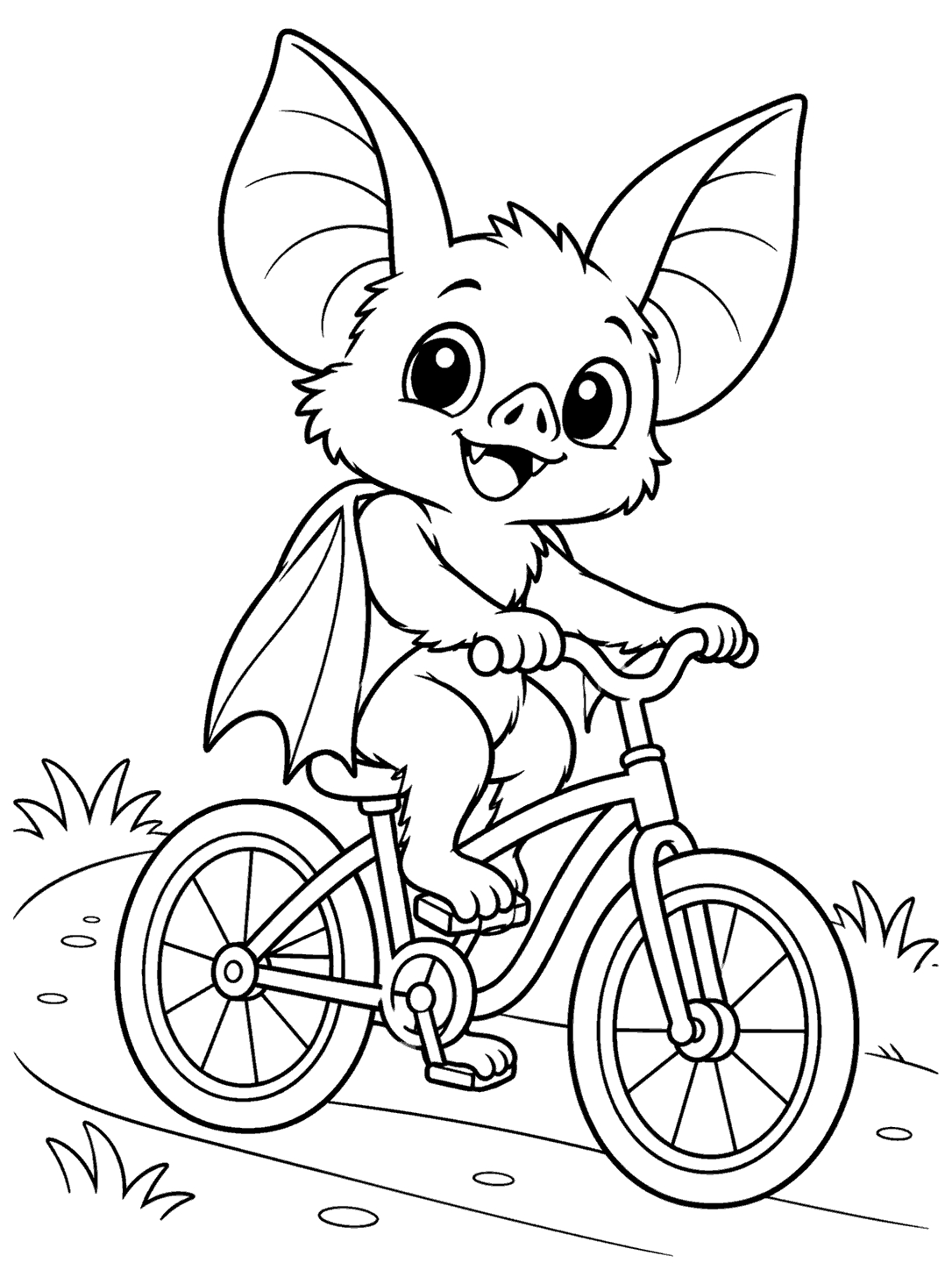 A cheerful small bat rides a two-wheel bicycle, with both wheels and the pedals clearly visible on a simple path.