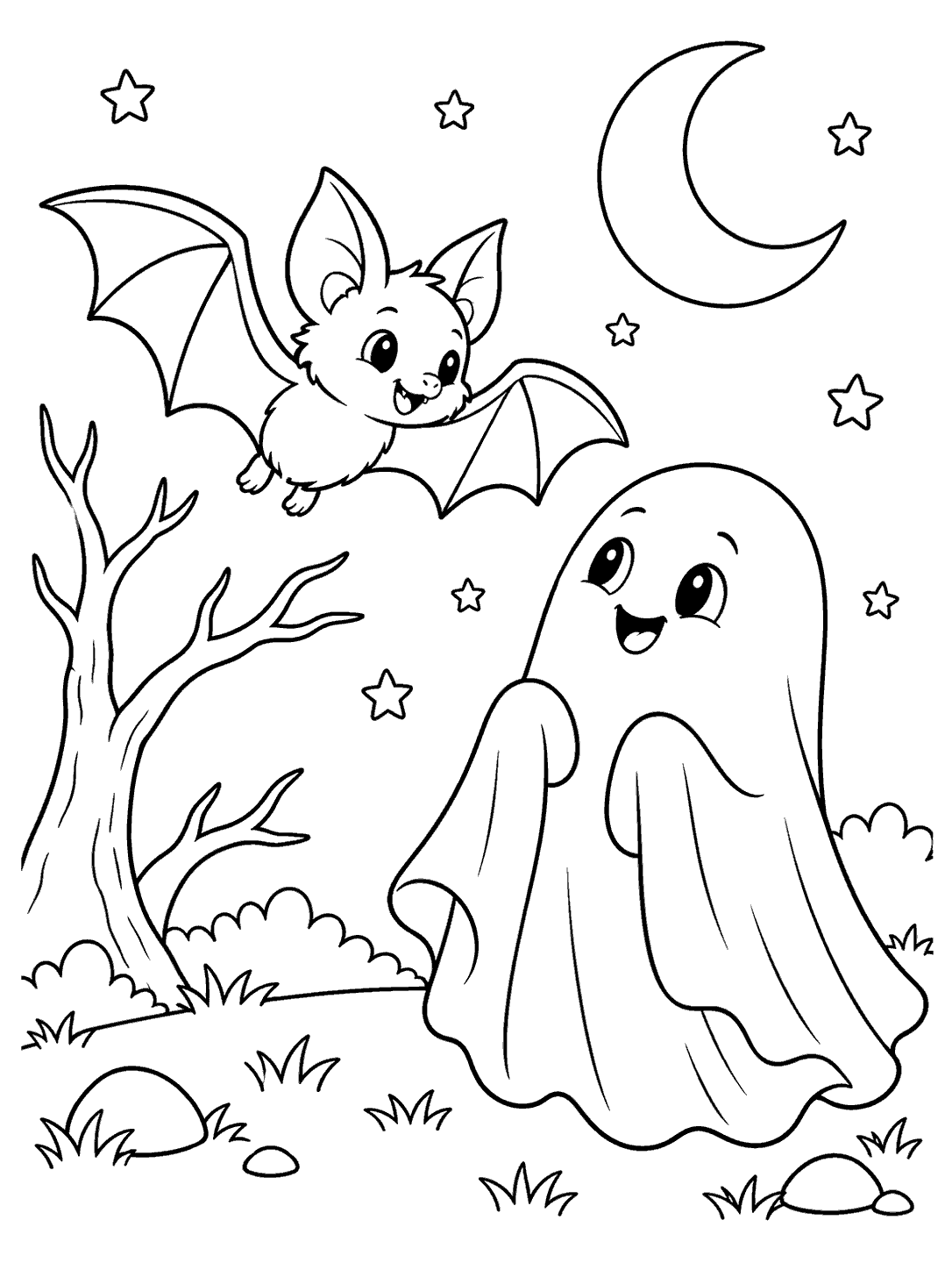 A small bat faces a friendly sheet-like ghost beneath a crescent moon, with stars and simple nighttime scenery.