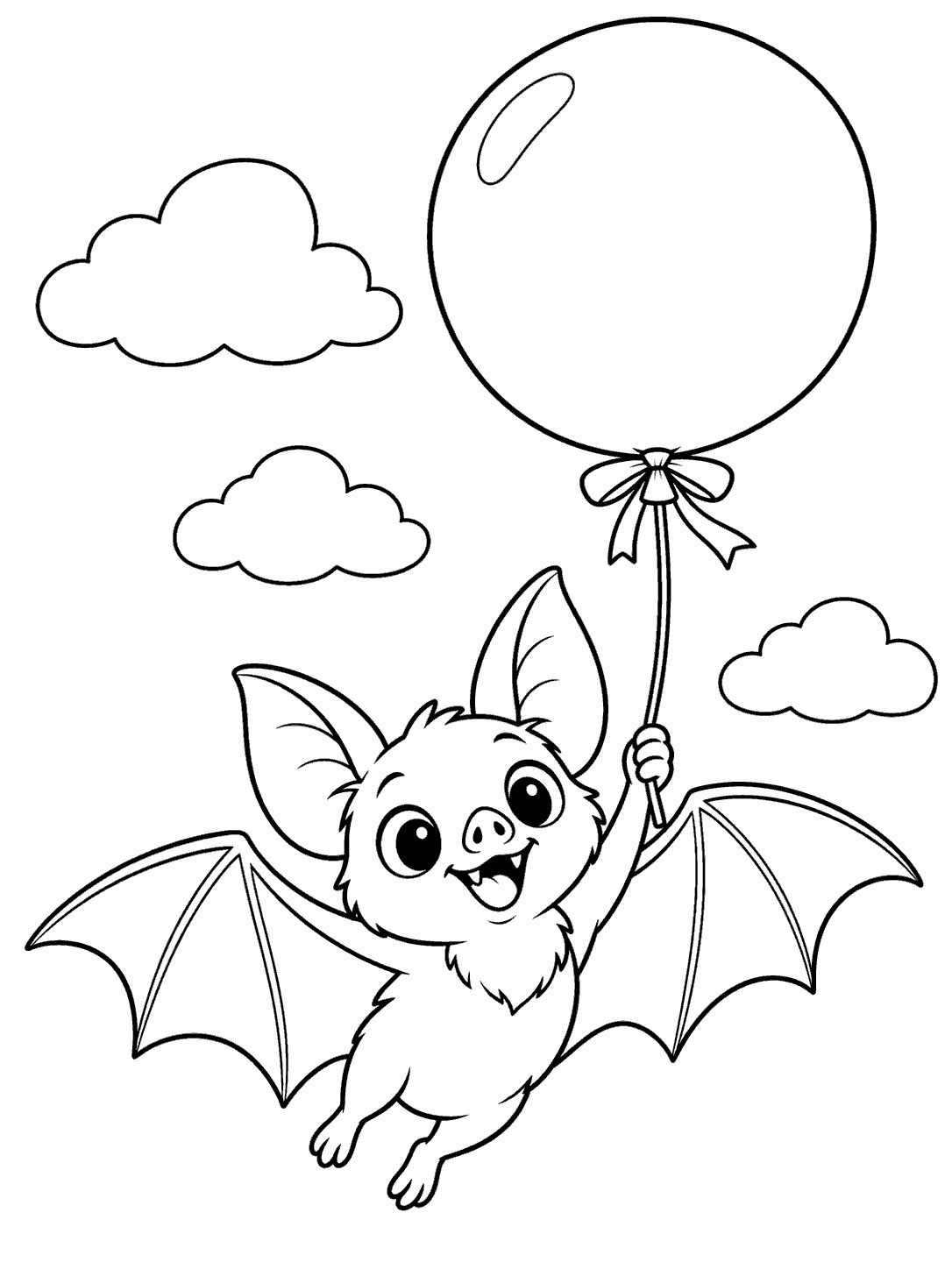 Cheerful flying bat holding a balloon string, with three clouds