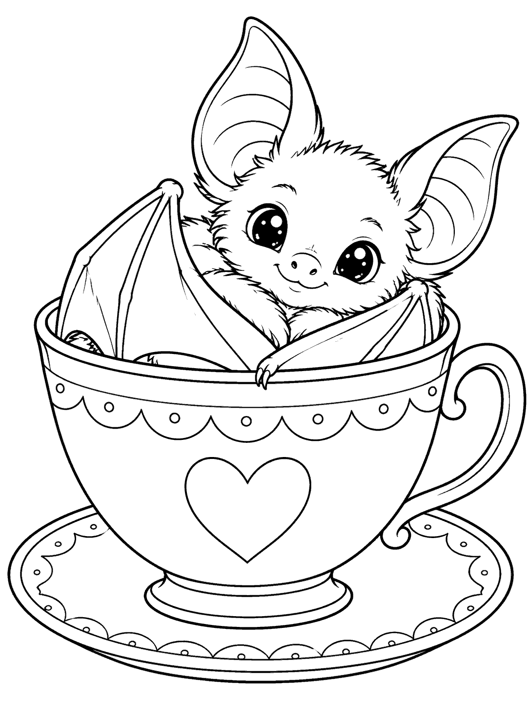 A wide-eyed little bat curls inside a large heart-decorated teacup resting on an ornate saucer.