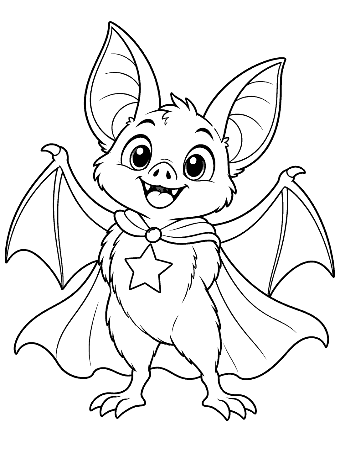 Friendly upright bat with large outstretched wings, a flowing cape, and a star on its chest.