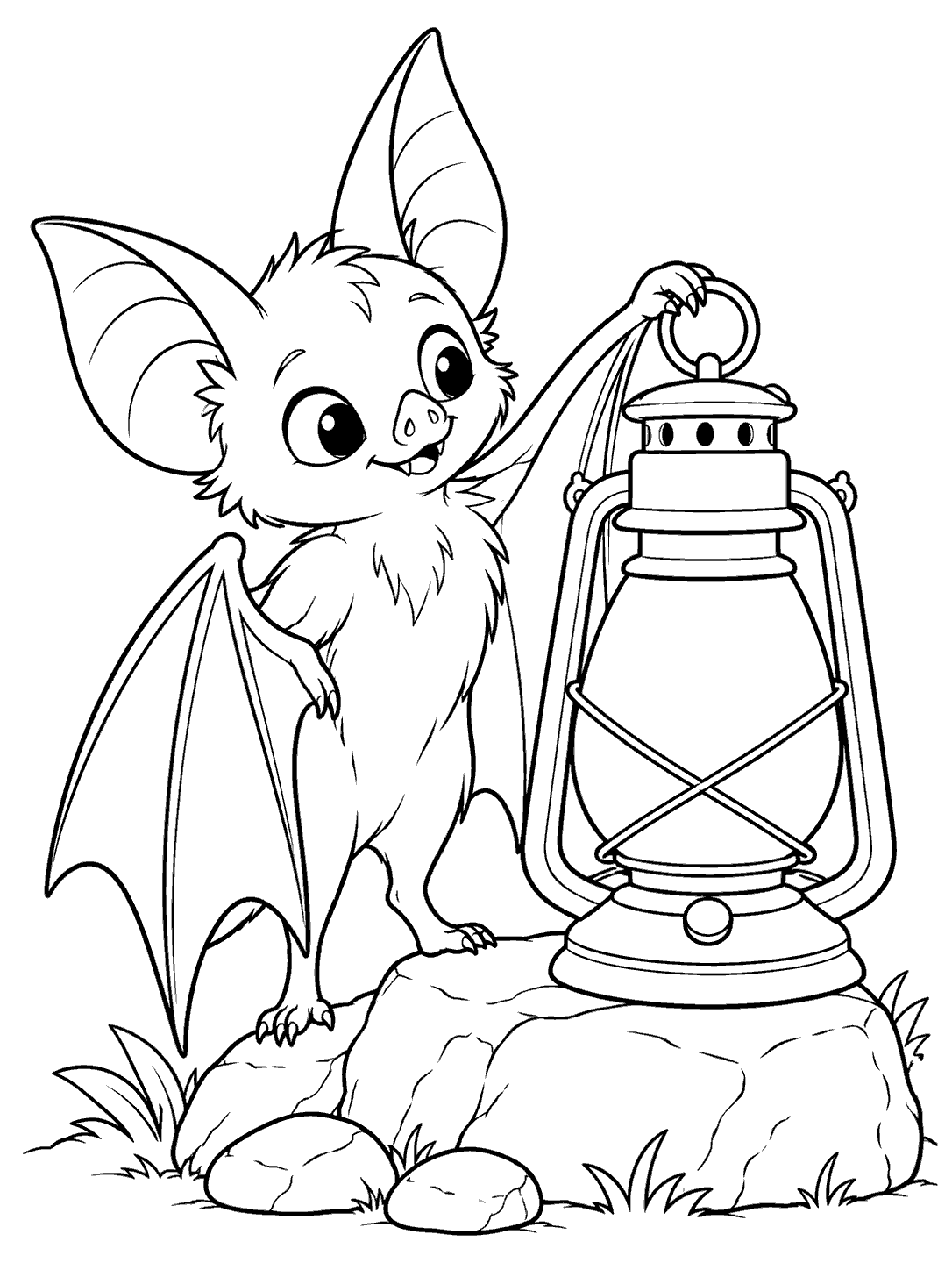 A curious big-eared bat stands beside a large outlined lantern resting on a rock, with two small stones in front.