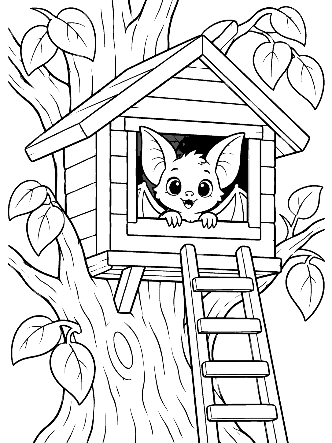 A small bat peeking from the square window of a treehouse built into a thick tree trunk, surrounded by large leaves and a short ladder.