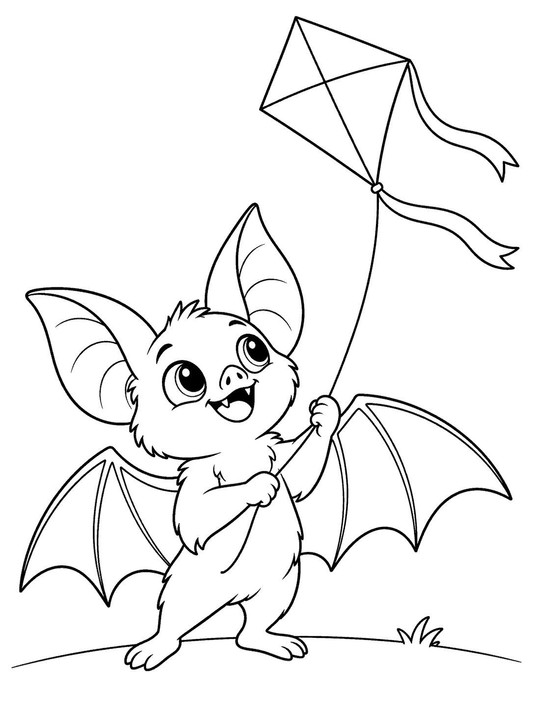 A smiling bat holding a kite string beneath a large diamond kite, with a curved ground line and a small tuft of grass.