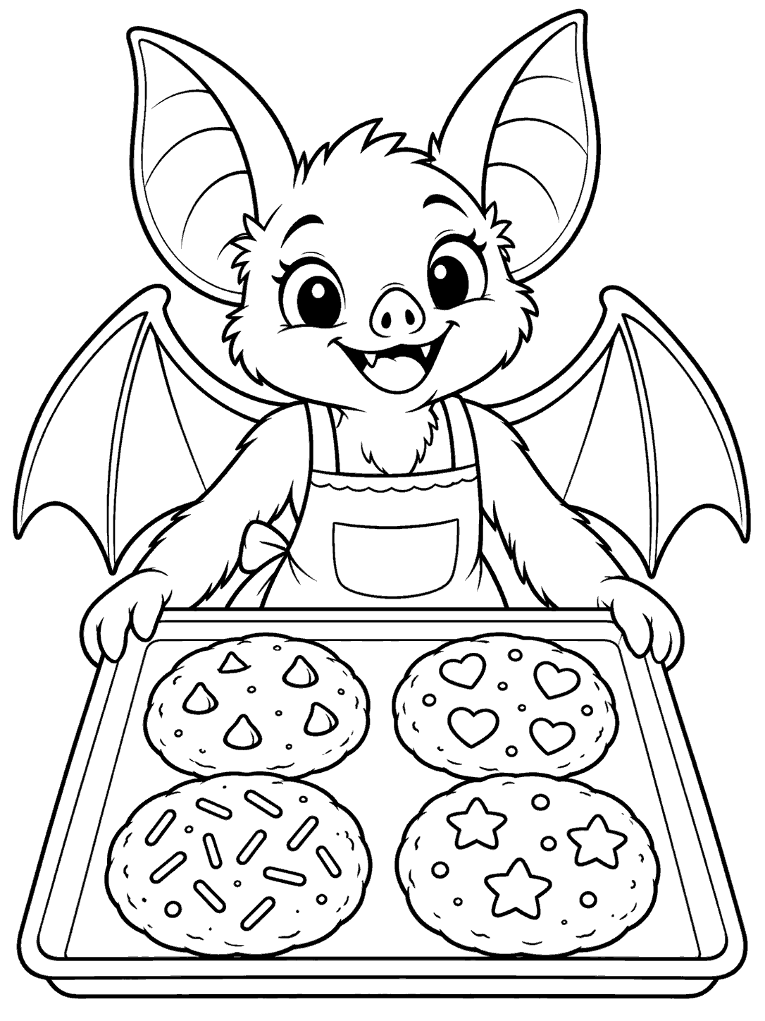 Friendly apron-wearing bat presenting four topped cookies on a baking tray
