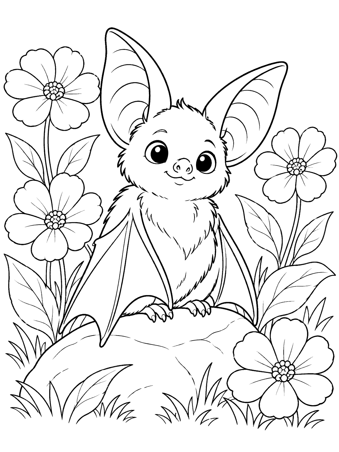 A calm, big-eared bat perched on a low rock among four large flowers, broad leaves, and tufts of grass.