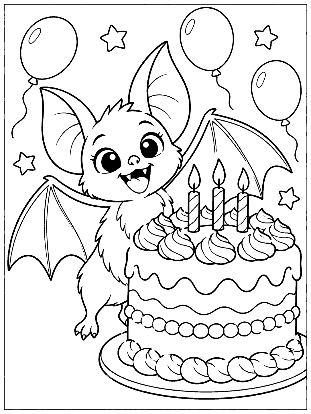Smiling bat with outstretched wings beside a tall swirled birthday cake with three candles, balloons, and stars, in black outline on white.
