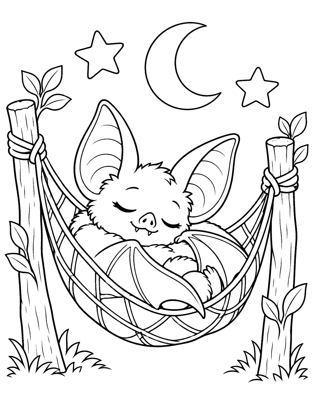 Sleepy bat resting in a hammock tied between leafy posts beneath a crescent moon and two stars