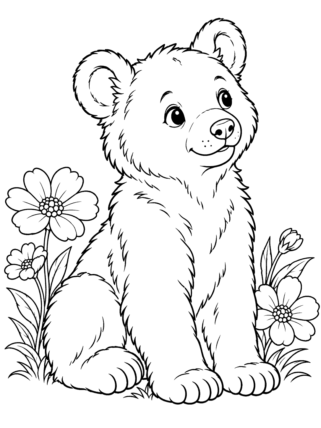 Black-outline coloring page of a curious bear cub sitting among wildflowers