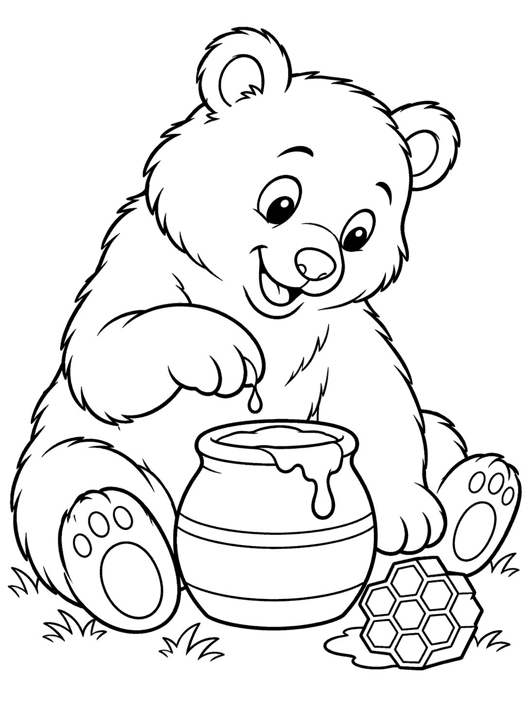 Seated bear reaching toward a dripping honey pot with a honeycomb nearby, in a black-outline coloring page.