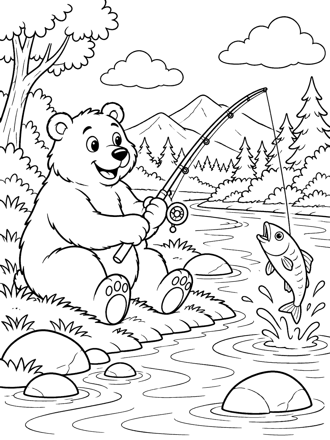 Bear fishing by a stream coloring page