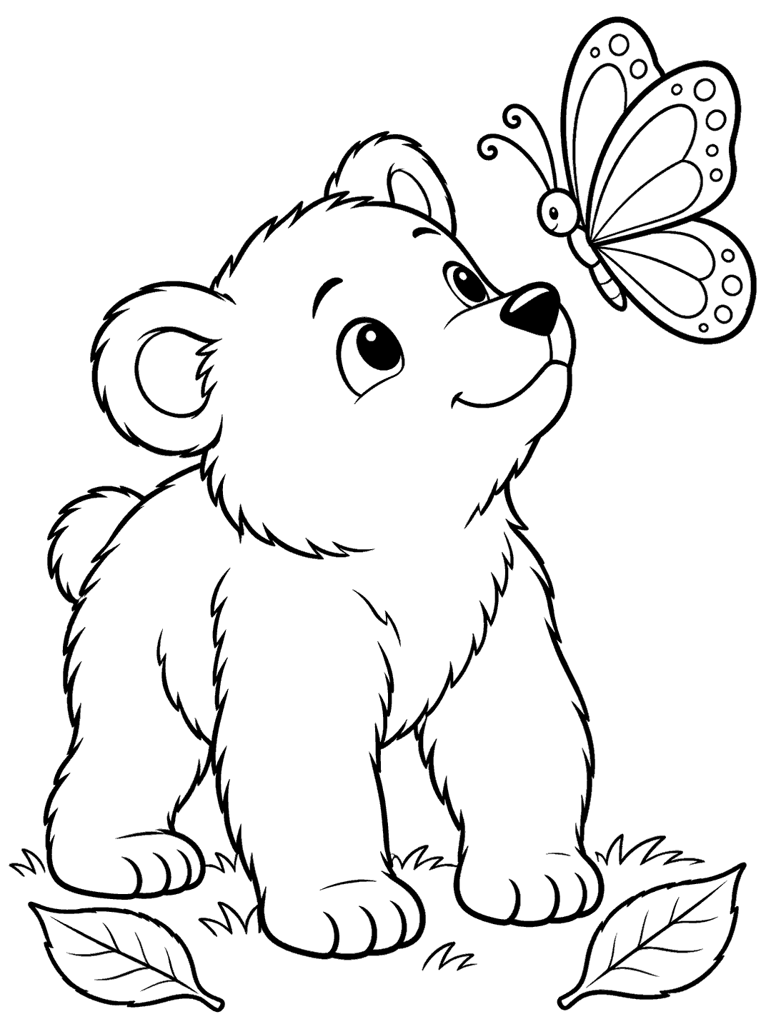 Bear cub looking up at a butterfly coloring page