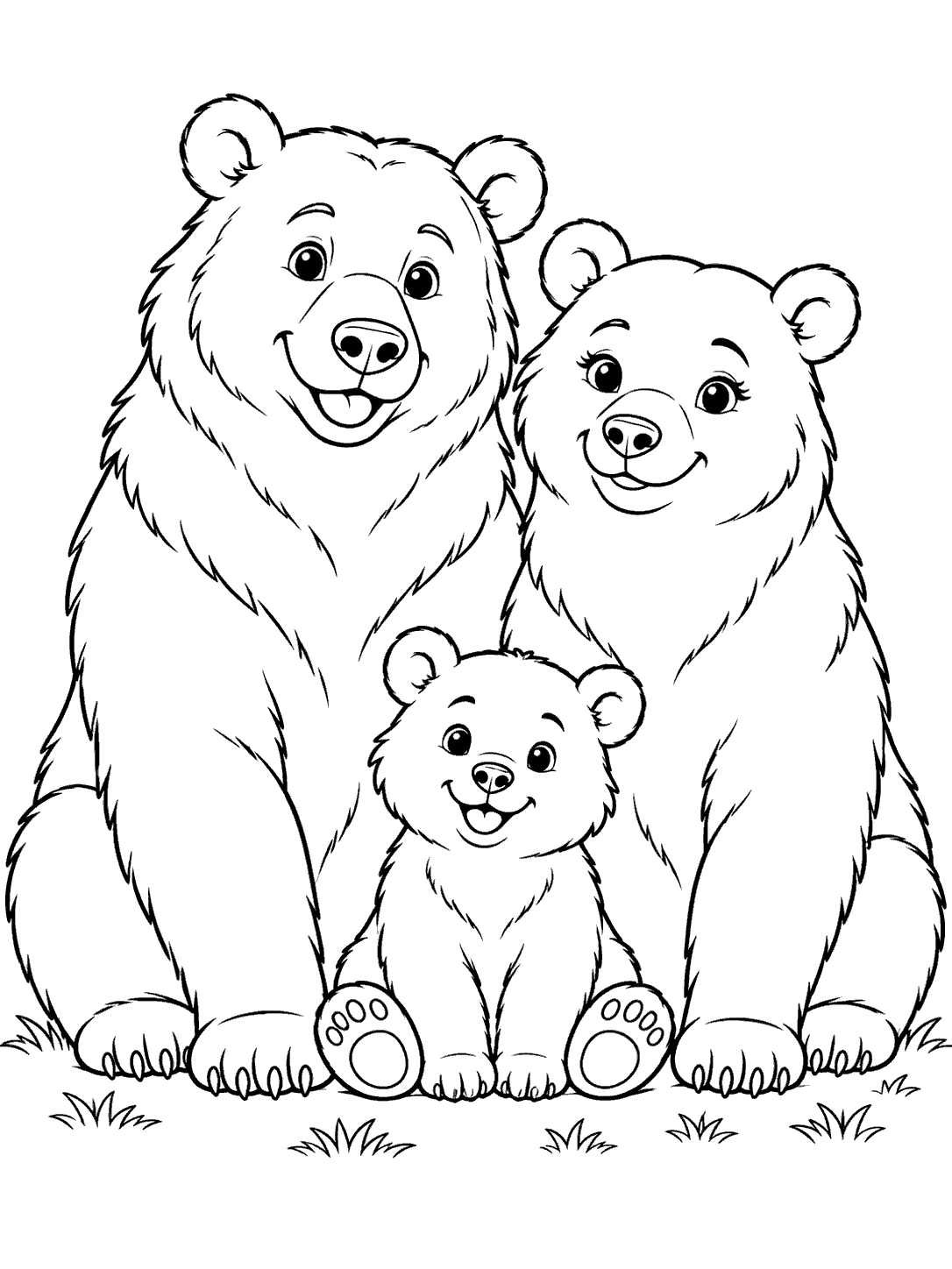 Two adult bears sitting with a cub between them in a bear family coloring page