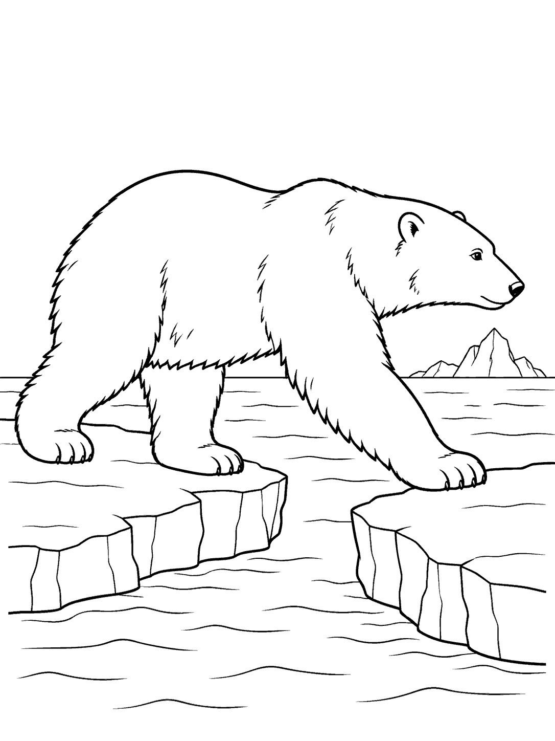 Black-outline polar bear stepping from one ice floe toward another, with sea lines and a small distant iceberg.