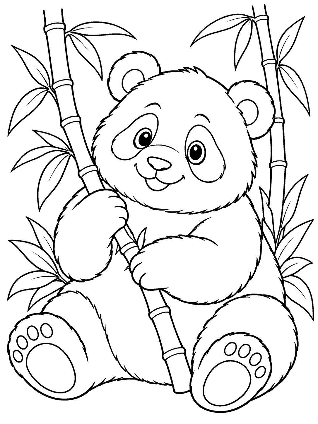 Black-outline panda coloring page showing a seated panda holding a bamboo stalk, with two leafy bamboo stalks behind it.