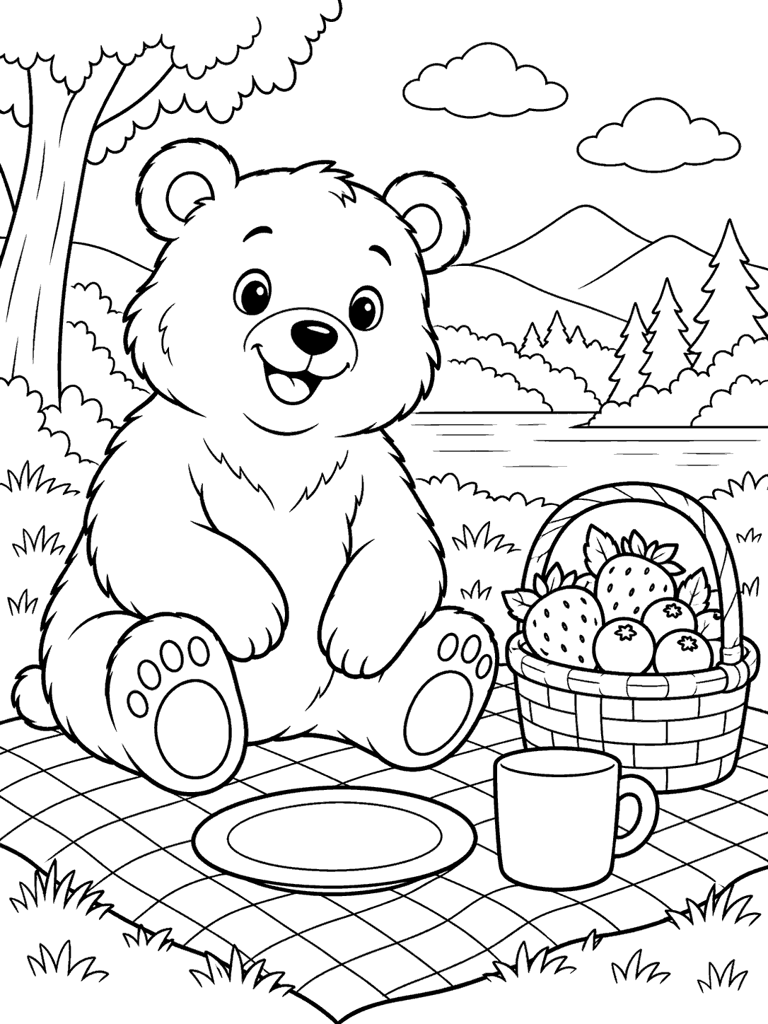 Black-outline coloring page of a seated bear on a checked picnic blanket beside a berry basket, plate, and cup, with a lake and trees behind it.