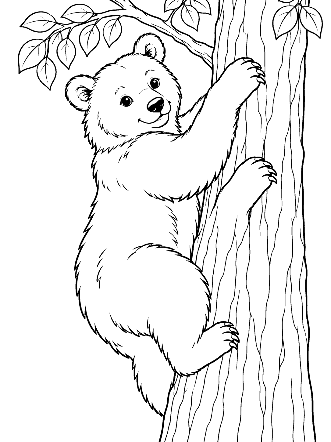 Black outline coloring page of a bear climbing a tree trunk, with its head turned toward the viewer and leafy branches above.