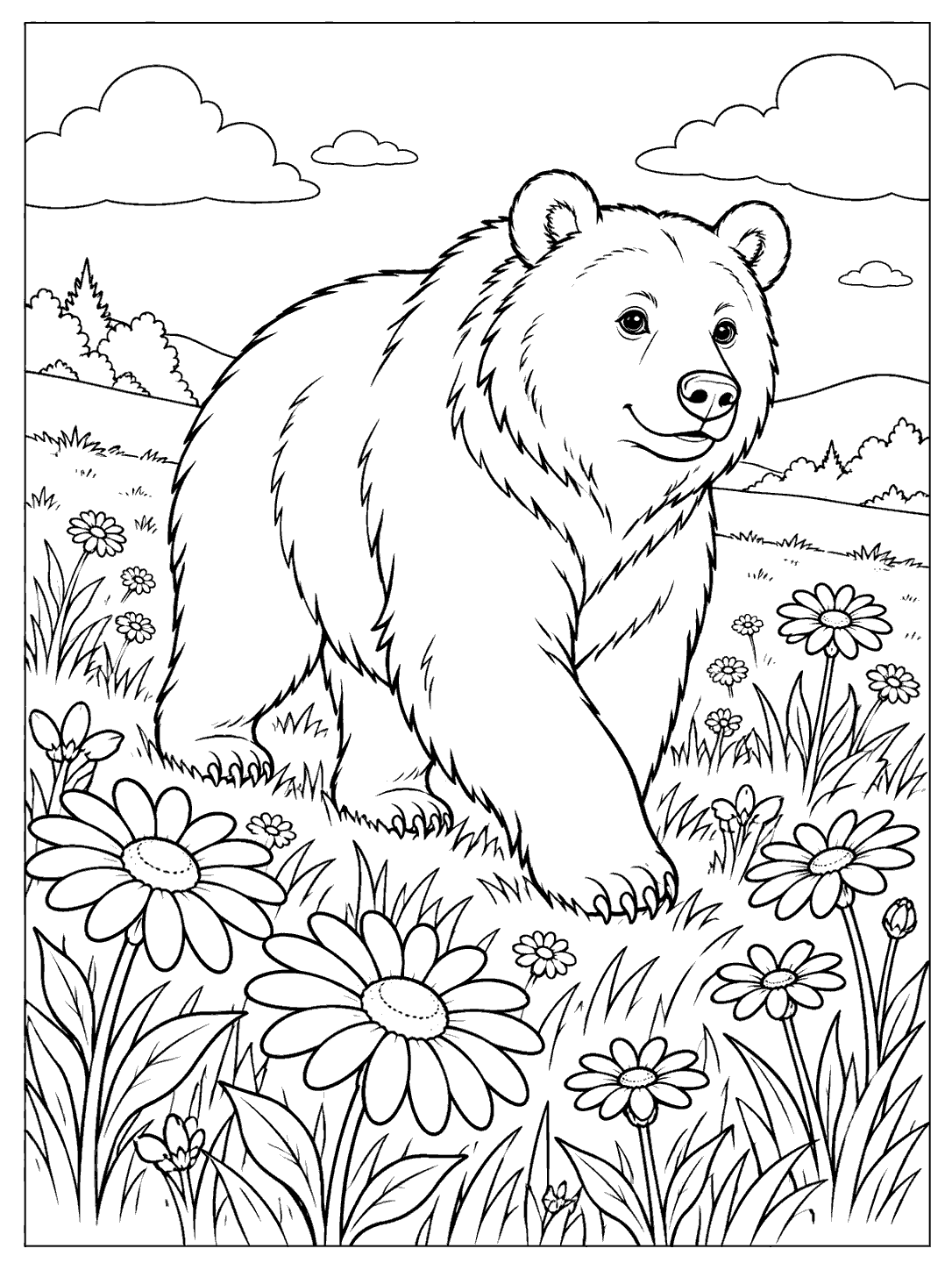 Black-outline coloring page of a walking bear among daisies, with hills in the background