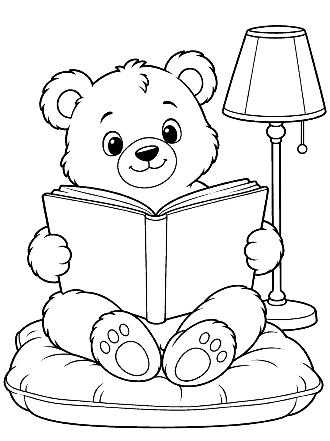 Black-outline coloring page of a bear sitting on a cushion with an open book and floor lamp.
