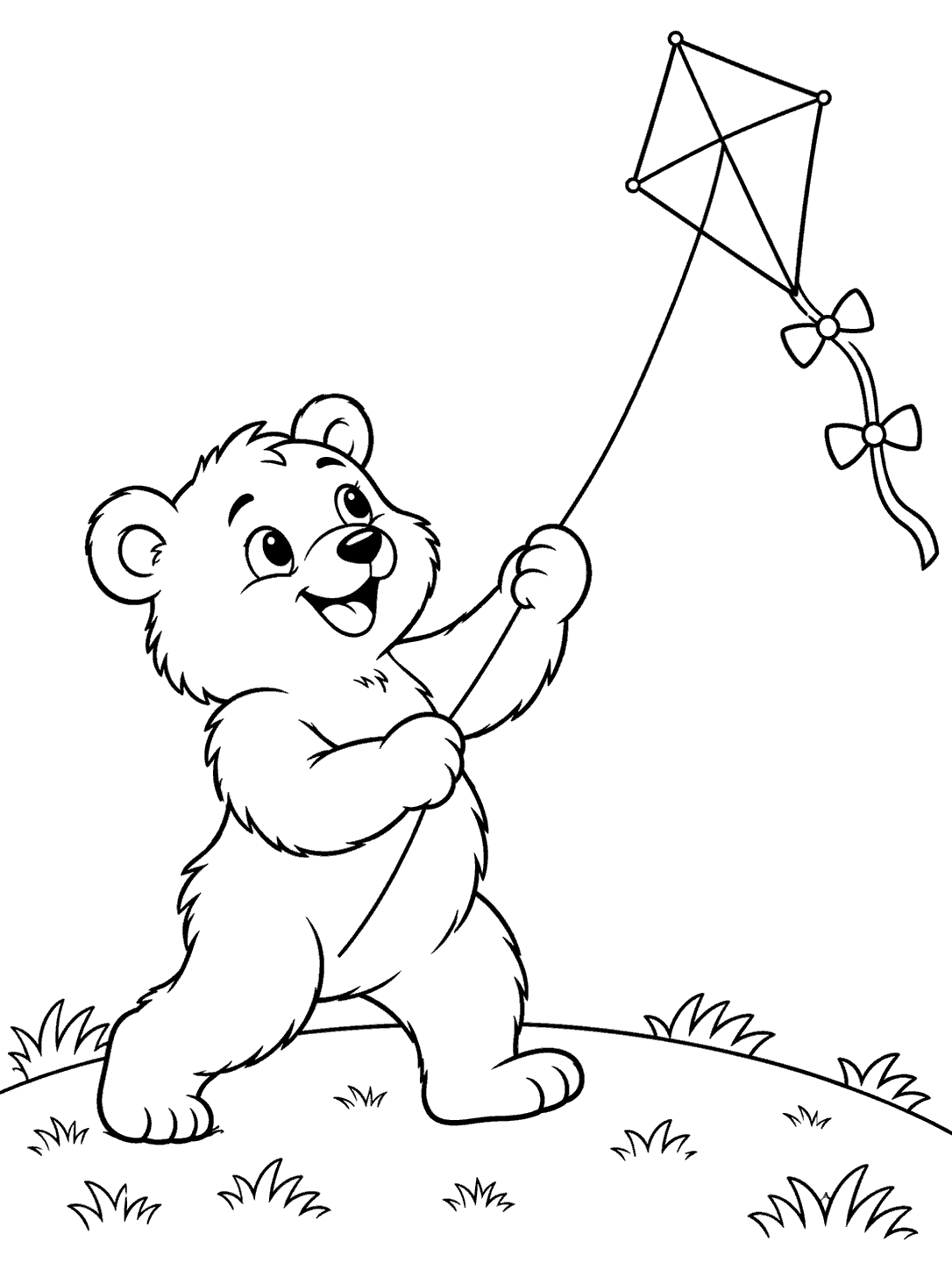 Black-outline coloring page of a bear flying a diamond kite above a grassy hill.