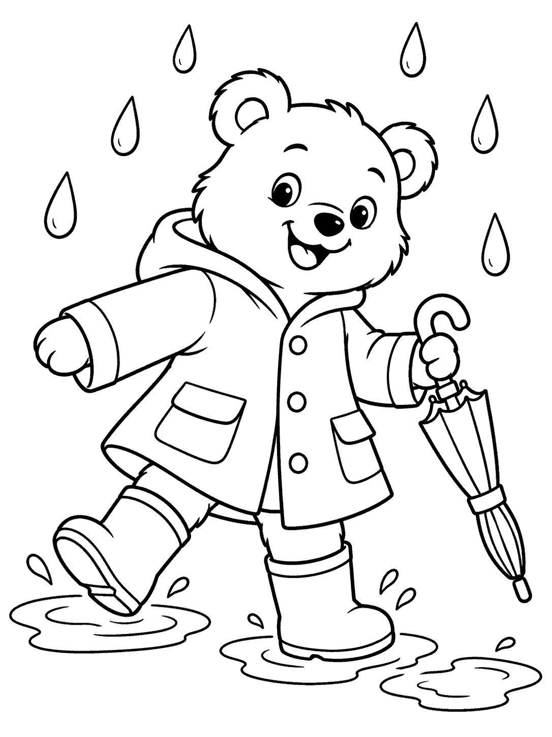 Bear in a raincoat stepping through three puddles with a closed umbrella coloring page