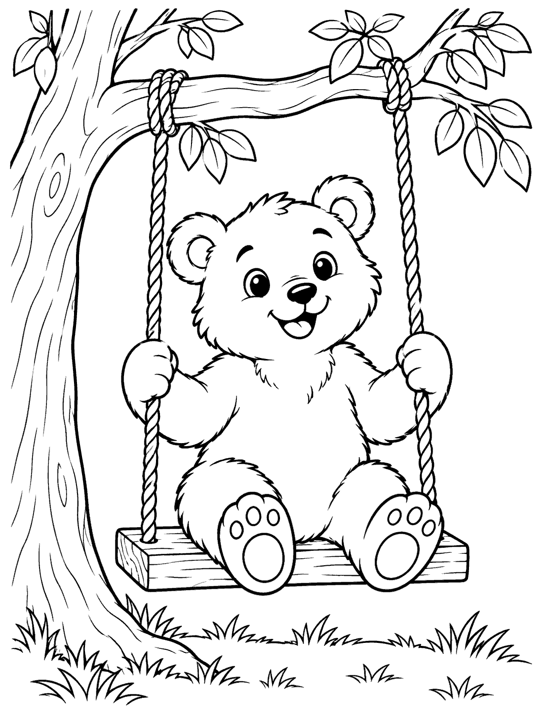 Black outline coloring page of a smiling bear cub holding the ropes of a plank swing, with a tree branch and grass.