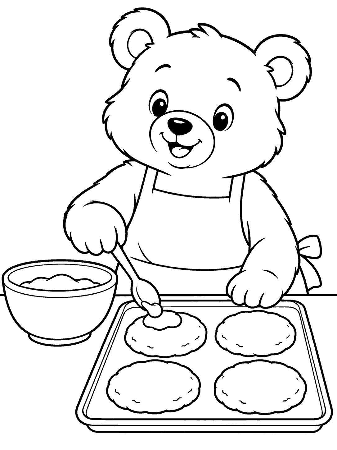Apron-wearing bear decorating four cookies at a counter with a bowl and spoon, coloring page