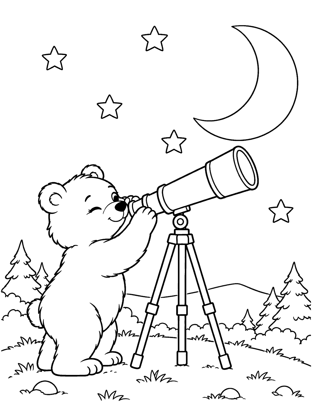 Bear stargazing through a telescope beneath a crescent moon coloring page