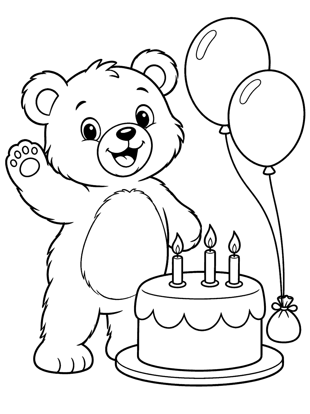 Black-outline coloring page showing a cheerful bear beside a birthday cake with three candles and two balloons.