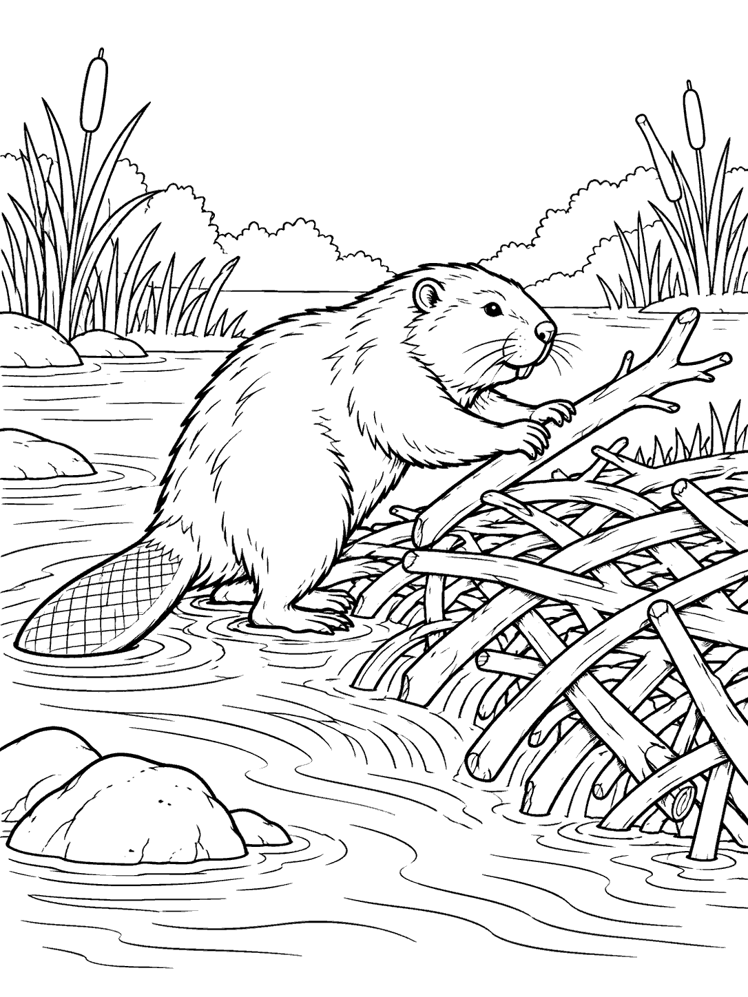 Side-view beaver arranging a branch on a stick dam amid stream ripples and reeds.