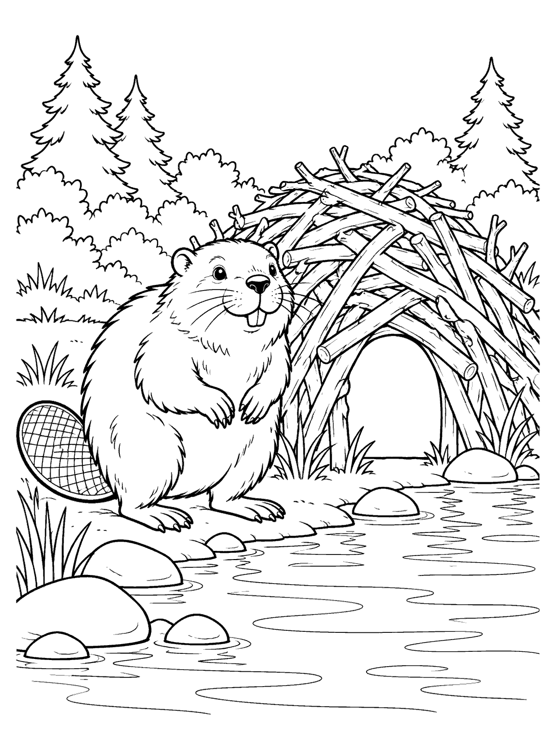 A beaver with a broad, crosshatched flat tail stands beside a rounded branch lodge with a doorway, shoreline stones, and pond water.