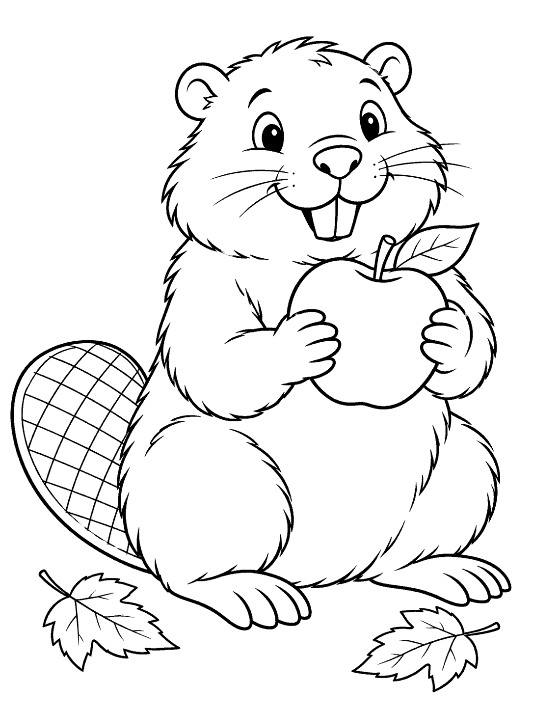 A seated beaver with prominent incisors and a broad flat tail holds an apple beside two fallen leaves.